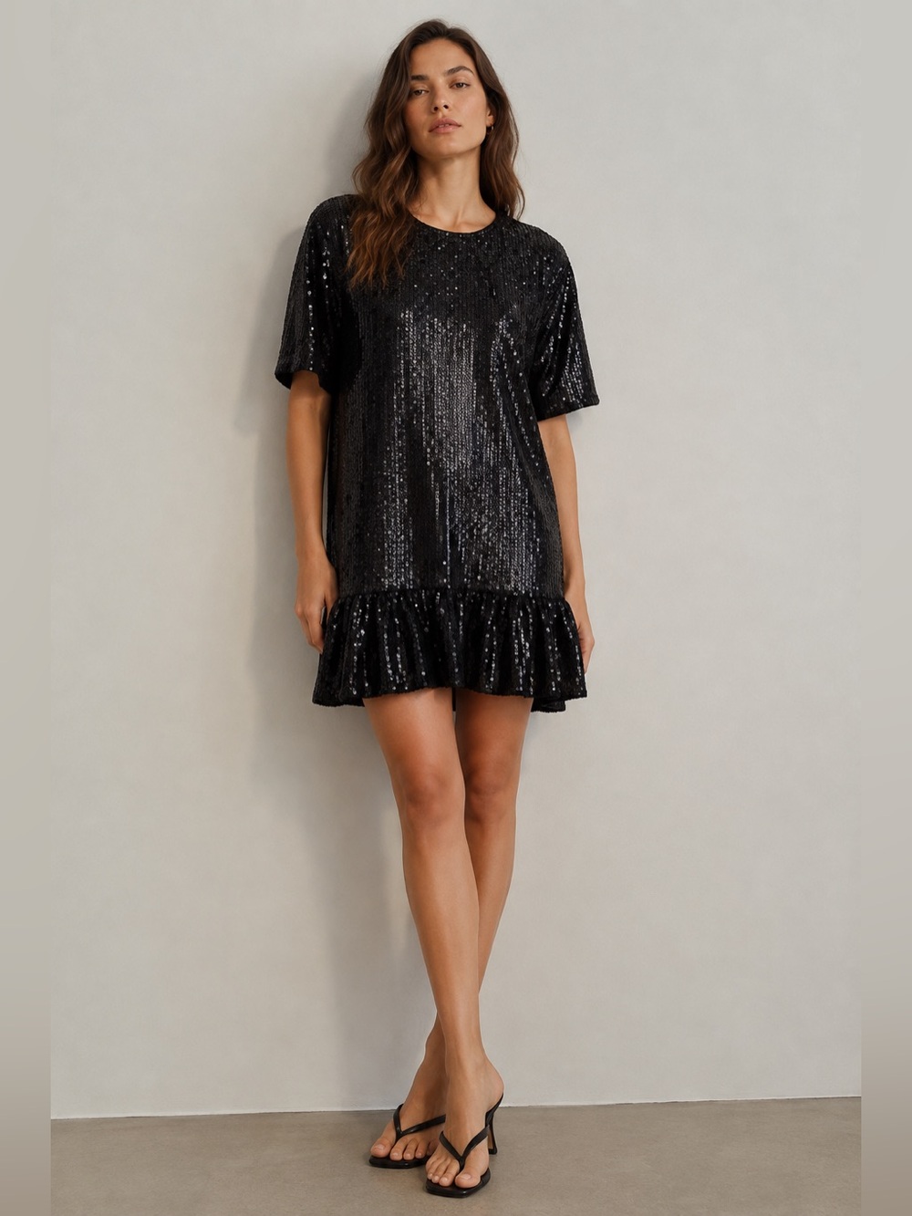 By Together Sequin Drop Waist Ruffle Hem Black Short Dress